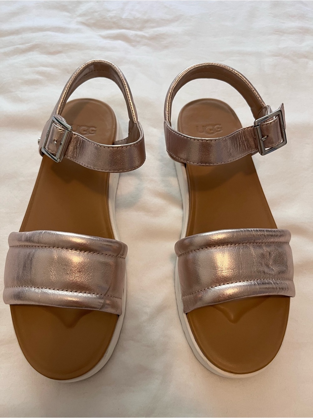 UGG Zayne Metallic Rose Gold Leather Ankle Strap Platform Sandals 7.5